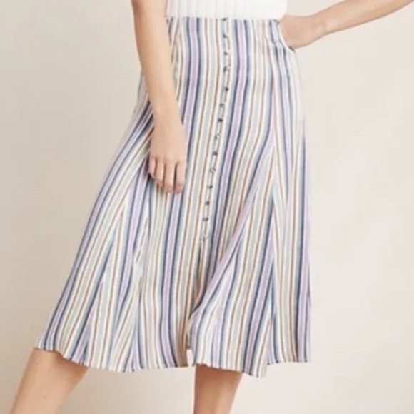 Anthropologie Maeve Satin Purple Green striped Button Front A-line Midi Skirt - Picture 3 of 16